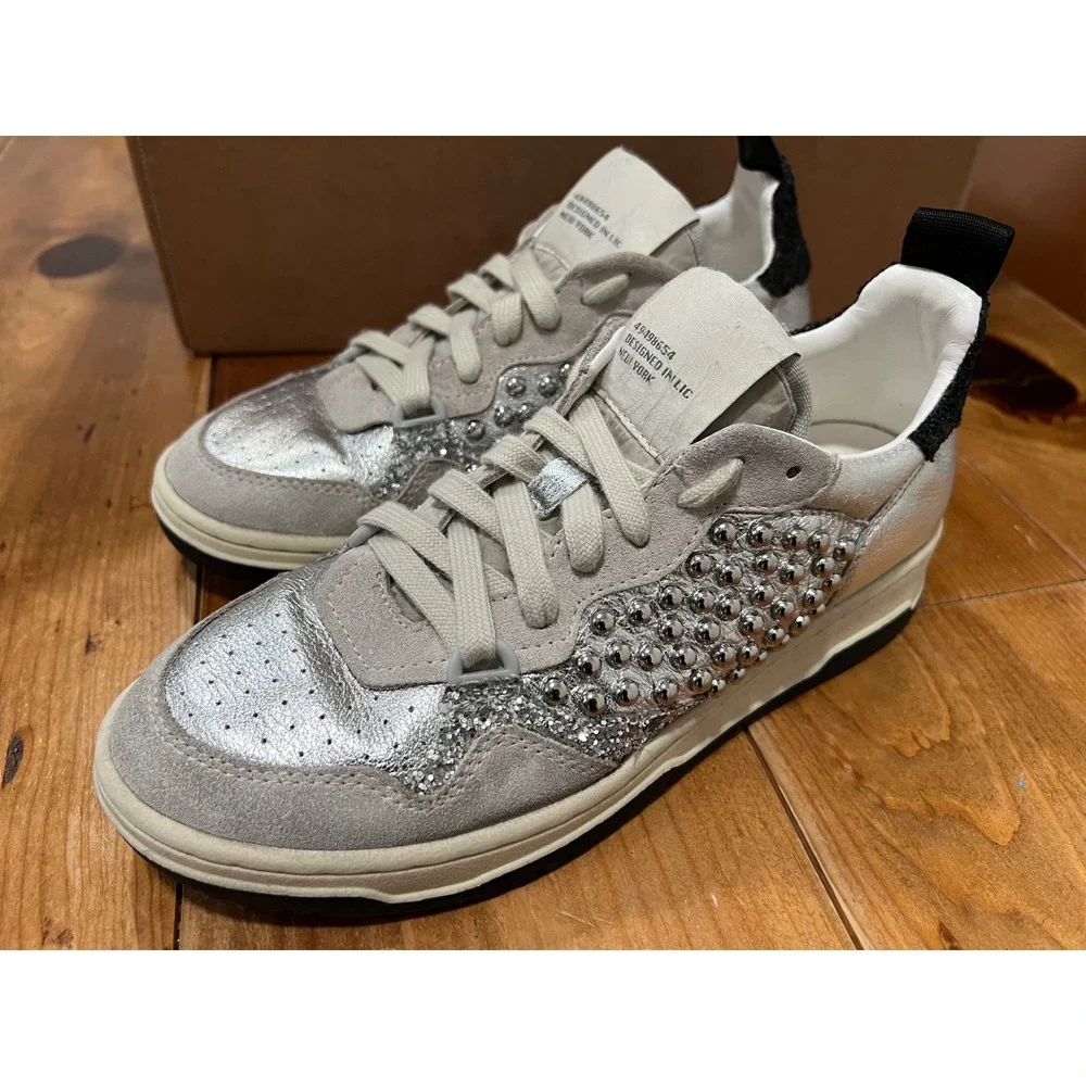 Steve Madden Silver Metallic Studded Suede Sneakers Black Glitter Heel Low Top